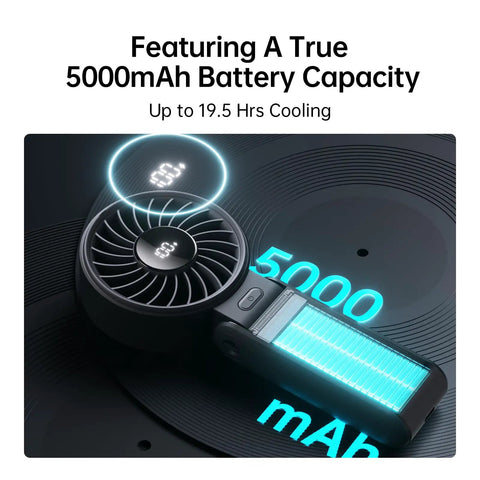 3 In 1 Handheld Fan With 5000mAh Battery, 12 Blade Brushless Motor Power, LED display showing 5-speed setting in black