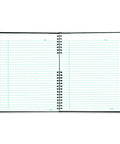 Open EcoLogix 100% Recycled NotePro Notebook Black 11 X 8.5 Inches showing green-ruled pages and wire binding