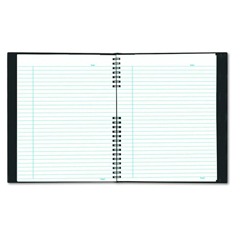 Open EcoLogix 100% Recycled NotePro Notebook Black 11 X 8.5 Inches showing green-ruled pages and wire binding