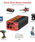 No Sweat Campground Ready 2000 Watt Pure Sine Wave Inverter Car Power Converter 12 Volt To 120 Volt with dual AC outlets.