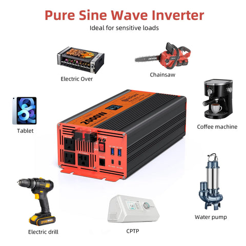 No Sweat Campground Ready 2000 Watt Pure Sine Wave Inverter Car Power Converter 12 Volt To 120 Volt with dual AC outlets.