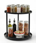 9 Inch Rotating Lazy Susan Organizer Two Tier Metal Spice Rack with jars and bottles, black rust resistant metal