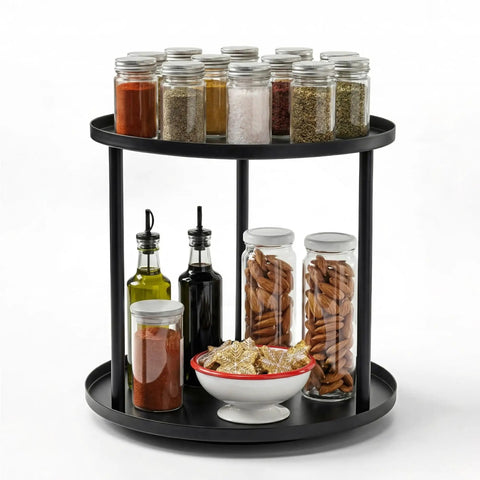 9 Inch Rotating Lazy Susan Organizer Two Tier Metal Spice Rack with jars and bottles, black rust resistant metal