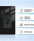 Sleek Black GFCI Outlet 15 Amp GFI Electrical Receptacle with green LED indicator and weather resistant features.