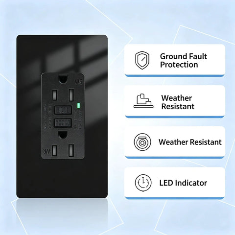 Sleek Black GFCI Outlet 15 Amp GFI Electrical Receptacle with green LED indicator and weather resistant features.