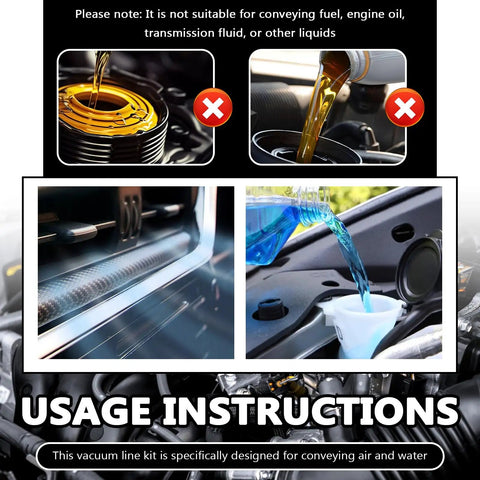 Instructions for using silicone vacuum hose kit; not for fuel, engine oil; designed for air and water application.