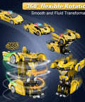 Epic Transforming RC Car For Kids With Robot Mode, 2.4GHz Remote, LED Lights, showing 360° rotation and transformation steps.
