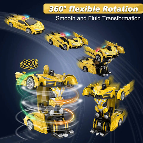 Epic Transforming RC Car For Kids With Robot Mode, 2.4GHz Remote, LED Lights, showing 360° rotation and transformation steps.