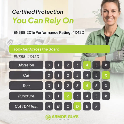 Safety glove performance chart with a person displaying 'Certified Protection You Can Rely On' and various protection ratings.