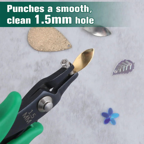 One Point Five Millimeter Metal Hole Punch Pliers for jewelry and beading with green ergonomic grips punching a brass sheet.