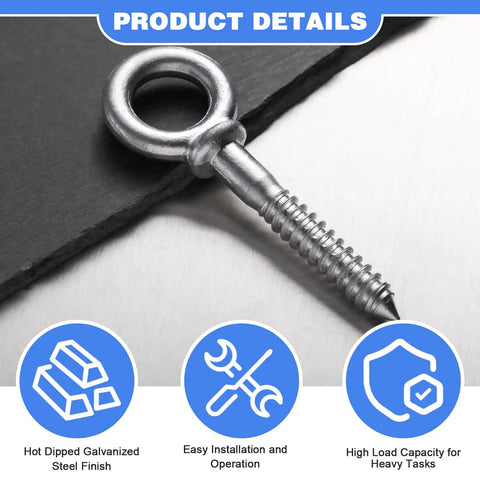 4 Pack Forged Steel Shoulder Eye Bolts 1/2 x 3-1/4 Heavy Duty Hook Screws Hot Dip Galvanized displayed on a dark surface, close-up view