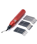 AFA Tooling deburring tool with red knurled handle and 15 high-speed steel blades for metal, plastic and PVC pipes