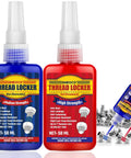 Front view of blue and red thread locker bottles (50 ml each) for nuts and bolts; medium and high strength.