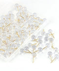 Heavy Duty Gold Push Pins With Crisp Clear Round Heads Top Shelf Office Gear For Maps Bulletin Boards And Cork Walls 100 Count in a container.