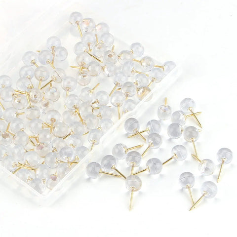 Heavy Duty Gold Push Pins With Crisp Clear Round Heads Top Shelf Office Gear For Maps Bulletin Boards And Cork Walls 100 Count in a container.