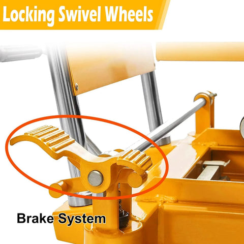 Apollo lift table cart brake lever close-up on orange steel frame