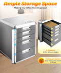 Absolute Game Changer 5 Drawer Metal Desk Organizer With Locks, Slim Desktop File Cabinet For Cable Sorting, Keep Your Office Slick And Dead Simple, Silver Grey Storage Unit with five drawers at different heights.