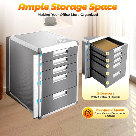 Absolute Game Changer 5 Drawer Metal Desk Organizer With Locks, Slim Desktop File Cabinet For Cable Sorting, Keep Your Office Slick And Dead Simple, Silver Grey Storage Unit with five drawers at different heights.