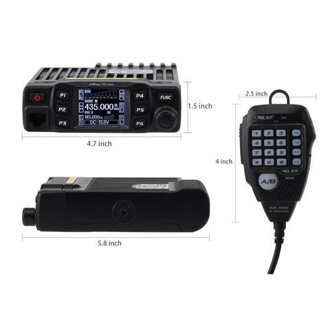 Beefed Up Dual Band Ham Radio Transceiver For Mobile Use VHF UHF AT 778UV with bright LCD display, microphone, dimensions shown