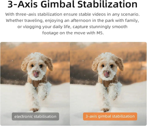 Comparison of electronic stabilization and 3-axis gimbal stabilization with dog running, highlighting improvements with Handheld Camcorder With 3 Axis Stabilization For Smooth Pro Grade Shots 5K 30fps And 4K 60fps Recording 3.5 Inch Rotating Touch Screen IR Night Vision WDR Face Tracking 120 Degree Wide Angle YouTube Ready With 64GB Card Included.