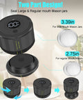 Electric Mason Jar Vacuum Sealer Kit with auto stop for wide and regular mouth jars, two-part black design with dimensions