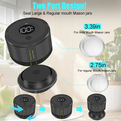 Electric Mason Jar Vacuum Sealer Kit with auto stop for wide and regular mouth jars, two-part black design with dimensions
