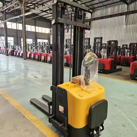Heavy Duty Electric Warehouse Stacker And Powered Pallet Lifter For Smooth Material Handling In Industrial Warehouses, showcasing yellow and black design.