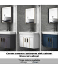 No Sweat Modern Wall Mount Bathroom Sink With Floating Vanity Cabinet And Bright Silver Faucet, Super Solid Space Saving Corner Basin, Snag This Fresh Minimalist Apartment Upgrade Today in grey, white, and teal.