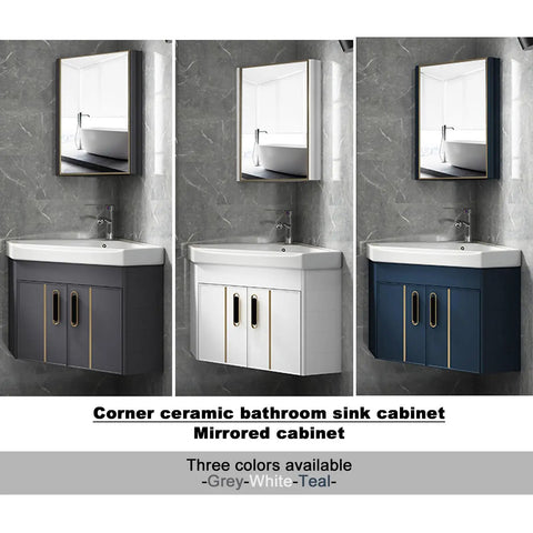 Contemporary Grey Wall Mount Sink With Floating Vanity Cabinet And Nifty Corner Mirror For Cozy Bathrooms, Includes Polished Silver Faucet, Top Shelf Space Saver Built For Tight Apartments. Three color options.
