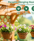 Pergola with Six Pack 6 Inch Vinyl Fence Hooks White Powder Coated Steel Hangers holding flower baskets