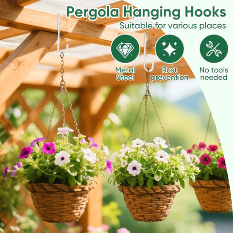 Pergola with Six Pack 6 Inch Vinyl Fence Hooks White Powder Coated Steel Hangers holding flower baskets