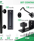Set showing Black Barn Door Floor Guide Set With Handle And Latch Lock For Sliding Doors, Roller Adjustable Wall Mount Track