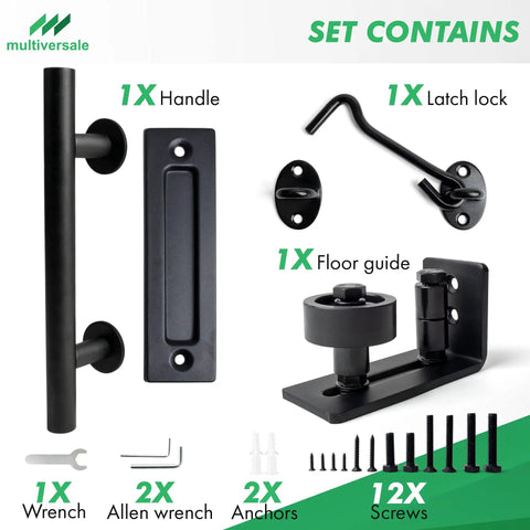 Set showing Black Barn Door Floor Guide Set With Handle And Latch Lock For Sliding Doors, Roller Adjustable Wall Mount Track