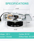 Replacement Bathroom Fan Motor Assembly For Broan Exhaust Fans Fits 50 CFM 663 688 Series showing motor, dimensions, and specs.