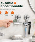 Two Pack Beefy Aluminum Suction Cup Razor Holder For Shower No Sweat Setup On Tile Keeps Razors And Shower Essentials Snug With Sure Twist Lock Base In Classic Brushed Silver Finish mounted on tile, holding razors securely.
