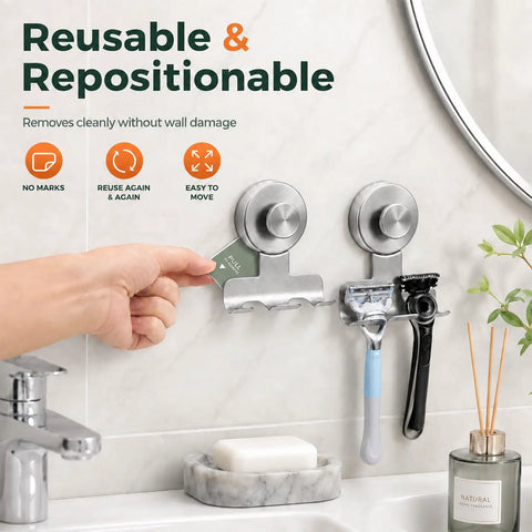 Two Pack Beefy Aluminum Suction Cup Razor Holder For Shower No Sweat Setup On Tile Keeps Razors And Shower Essentials Snug With Sure Twist Lock Base In Classic Brushed Silver Finish mounted on tile, holding razors securely.