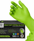Tough As Nails 8 Mil Green Nitrile Disposable Industrial Work Gloves With Superior Grip Texture For Heavy Lifting And Daily Shop Grind Extra Large Size displayed next to packaging.
