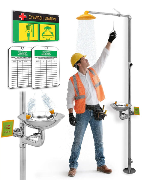 Stainless Steel Emergency Eye Wash Station With Integrated Shower Kit All In One Eyewash And Shower System For Jobsite First Aid Rustproof Durable And Easy To Use.