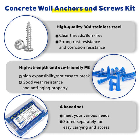 240 Piece Conical Concrete Anchors And 304 Stainless Steel Screws Kit With Two Drill Bits Includes 120 Concrete Wall Anchors