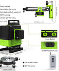 Detailed components of Floor And Wall Green Laser Level With 16 Lines, 360 Degree Spin, Self Leveling Cross Hair, IE16R