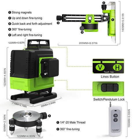 Detailed components of Floor And Wall Green Laser Level With 16 Lines, 360 Degree Spin, Self Leveling Cross Hair, IE16R