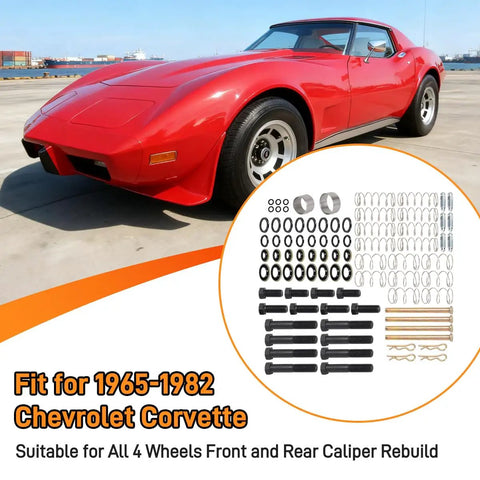 Chevrolet Corvette Complete Brake Caliper Rebuild Kit DIY Friendly For 1965 To 1982 with red Corvette backdrop