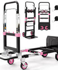 Premium 3 In 1 Convertible Folding Hand Truck Dolly Cart with Heavy Duty Steel Frame and Smooth Rolling Rubber Wheels in pink, showcasing foldable design and sturdy wheels.
