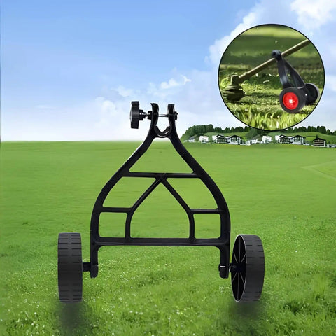 Universal String Trimmer Wheel Support attaches to any weed eater, black frame with wheels for easy lawn edging.