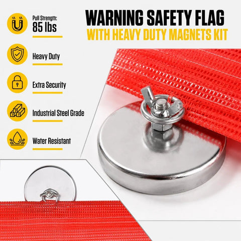 Complete 37 Piece Oversize Load Sign Kit showing heavy-duty magnet and red warning flag with text details.