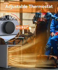 240V Electric Garage Heater 4800 Watts 16380 Btu Fan Forced Unit showing adjustable thermostat with heat output range of 45-95°F.