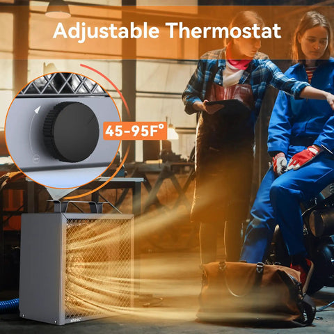 240V Electric Garage Heater 4800 Watts 16380 Btu Fan Forced Unit showing adjustable thermostat with heat output range of 45-95°F.
