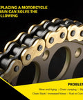 Close-up of 520 X Ring Drive Chain 130 links with master link for motorcycle and go-karts, highlighting weatherproof durability.
