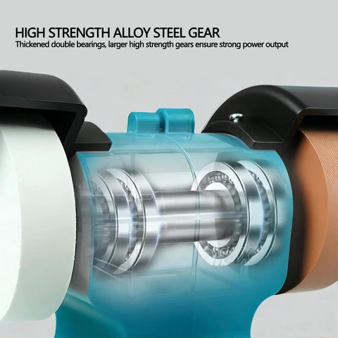 Close-up of Fafeicy 200W Cordless Bench Grinder with two 4000mAh batteries, showcasing high strength alloy steel gear and bearings.