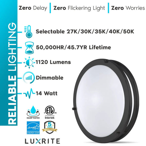 12 Inch LED Flush Mount Ceiling Light With 5 Color Temperature Options 2700K 3000K 3500K 4000K 5000K Dimmable 1120 Lumens Energy Star ETL Listed Matte Black